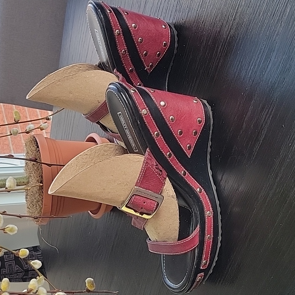 Harley-Davidson Wedge Sandals, Black/Burgandy, 7.5, Vintage - Picture 3 of 13